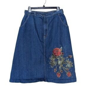 Vintage 90s Denim Midi Skirt Floral Rose‎ Embroidery High Waist A-Line Size 10
